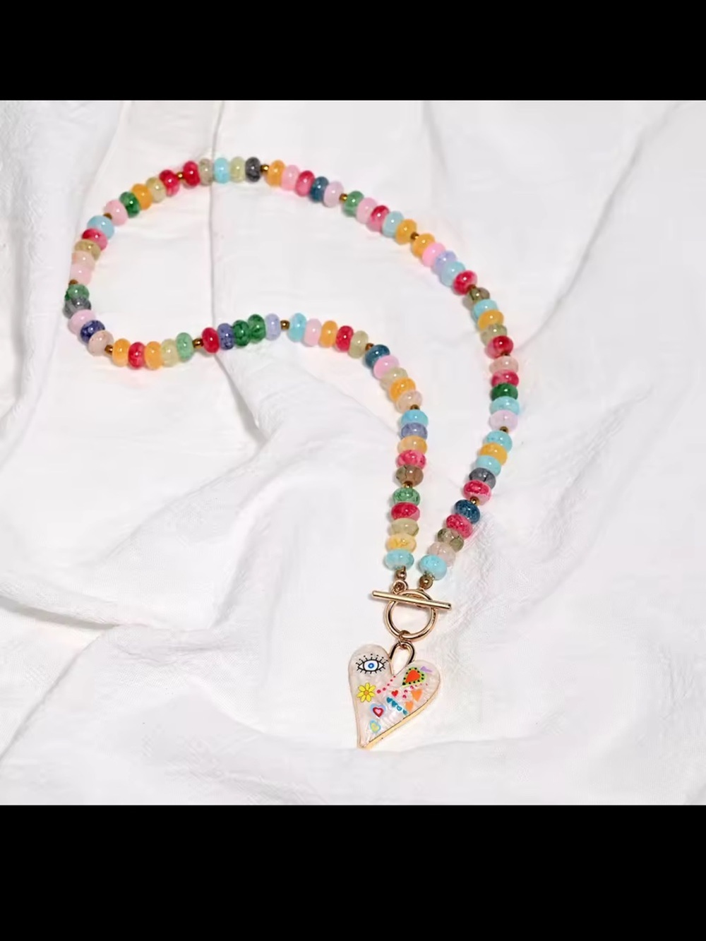 Multicolor Beaded Necklace with Heart Pendant - Picture 4 of 13